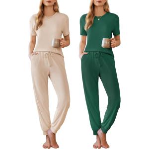 imageEkouaer 2 Pack Womens Pajama Sets Short Sleeve Tops Jogger Pants Lounge Sets Soft Loungewear Printed Pj with PocketsLight Khakidark Green