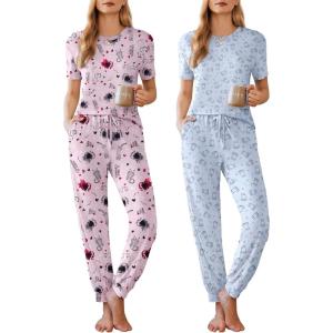 imageEkouaer 2 Pack Womens Pajama Sets Short Sleeve Tops Jogger Pants Lounge Sets Soft Loungewear Printed Pj with PocketsPink Catblue Cat