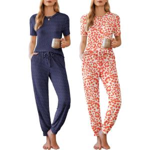 imageEkouaer 2 Pack Womens Pajama Sets Short Sleeve Tops Jogger Pants Lounge Sets Soft Loungewear Printed Pj with PocketsPink Leopardnavy Dots