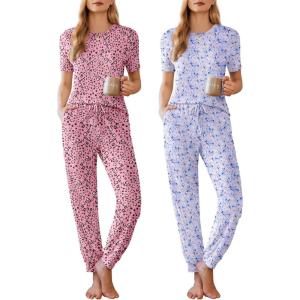 imageEkouaer 2 Pack Womens Pajama Sets Short Sleeve Tops Jogger Pants Lounge Sets Soft Loungewear Printed Pj with PocketsPink Lovewhite Butterfly