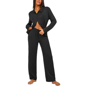imageEkouaer Button Down Pajamas Women Long Sleeve Pajama Sets Soft Button Up Pjs Sets 2 Piece Loungewear with PocketsBlack