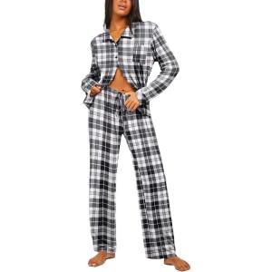imageEkouaer Button Down Pajamas Women Long Sleeve Pajama Sets Soft Button Up Pjs Sets 2 Piece Loungewear with PocketsBlack and Grey Plaid