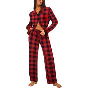 imageEkouaer Button Down Pajamas Women Long Sleeve Pajama Sets Soft Button Up Pjs Sets 2 Piece Loungewear with PocketsBlack and Red Plaid