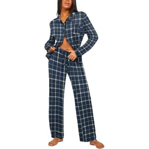 imageEkouaer Button Down Pajamas Women Long Sleeve Pajama Sets Soft Button Up Pjs Sets 2 Piece Loungewear with PocketsBlue and Black Plaid