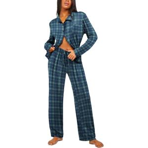 imageEkouaer Button Down Pajamas Women Long Sleeve Pajama Sets Soft Button Up Pjs Sets 2 Piece Loungewear with PocketsBlue and Green Plaid
