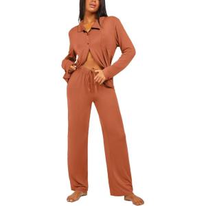 imageEkouaer Button Down Pajamas Women Long Sleeve Pajama Sets Soft Button Up Pjs Sets 2 Piece Loungewear with PocketsCaramel Colour