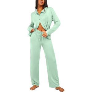 imageEkouaer Button Down Pajamas Women Long Sleeve Pajama Sets Soft Button Up Pjs Sets 2 Piece Loungewear with PocketsLight Green
