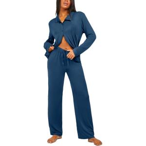 imageEkouaer Button Down Pajamas Women Long Sleeve Pajama Sets Soft Button Up Pjs Sets 2 Piece Loungewear with PocketsNavy Blue