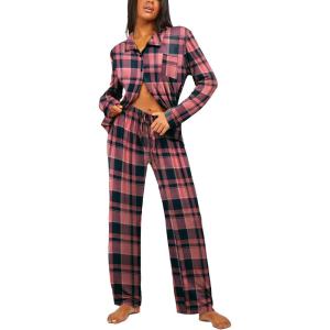 imageEkouaer Button Down Pajamas Women Long Sleeve Pajama Sets Soft Button Up Pjs Sets 2 Piece Loungewear with PocketsPink and Black Plaid