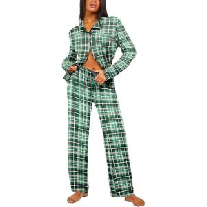 imageEkouaer Button Down Pajamas Women Long Sleeve Pajama Sets Soft Button Up Pjs Sets 2 Piece Loungewear with PocketsPink and Green Plaid