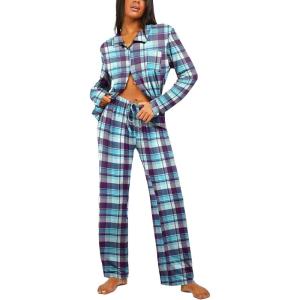 imageEkouaer Button Down Pajamas Women Long Sleeve Pajama Sets Soft Button Up Pjs Sets 2 Piece Loungewear with PocketsPurple and Blue Plaid