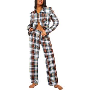 imageEkouaer Button Down Pajamas Women Long Sleeve Pajama Sets Soft Button Up Pjs Sets 2 Piece Loungewear with PocketsRed and Blue Plaid