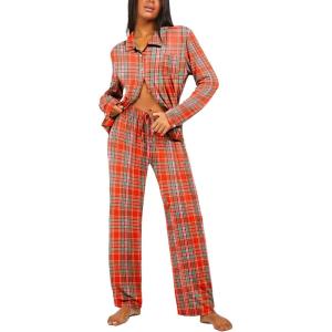 imageEkouaer Button Down Pajamas Women Long Sleeve Pajama Sets Soft Button Up Pjs Sets 2 Piece Loungewear with PocketsRed and Pink Plaid
