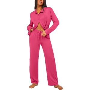 imageEkouaer Button Down Pajamas Women Long Sleeve Pajama Sets Soft Button Up Pjs Sets 2 Piece Loungewear with PocketsRose Red