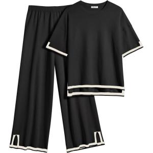 imageEkouaer Lounge Set for Women 2 Piece Sets Loungewear Set Outfits Knit Sweater Sets Wide Leg Long Pants Pajama SetBlack