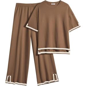 imageEkouaer Lounge Set for Women 2 Piece Sets Loungewear Set Outfits Knit Sweater Sets Wide Leg Long Pants Pajama SetBrown