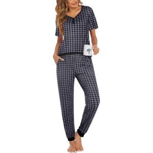 imageEkouaer Pajamas Set Womens 2 Piece Lounge Set Short Sleeve Pjs Joggers Pants Sleepwear with PocketsBlack Plaid