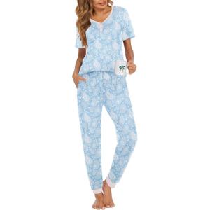 imageEkouaer Pajamas Set Womens 2 Piece Lounge Set Short Sleeve Pjs Joggers Pants Sleepwear with PocketsBlue Cashew