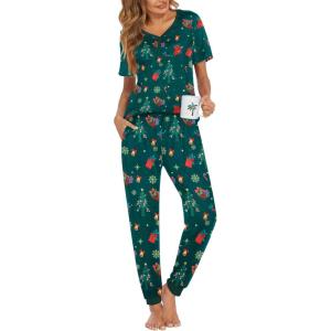 imageEkouaer Pajamas Set Womens 2 Piece Lounge Set Short Sleeve Pjs Joggers Pants Sleepwear with PocketsDark Green Christmas