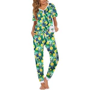 imageEkouaer Pajamas Set Womens 2 Piece Lounge Set Short Sleeve Pjs Joggers Pants Sleepwear with PocketsGreen Lemon