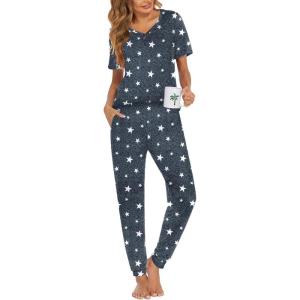 imageEkouaer Pajamas Set Womens 2 Piece Lounge Set Short Sleeve Pjs Joggers Pants Sleepwear with PocketsGrey Stars