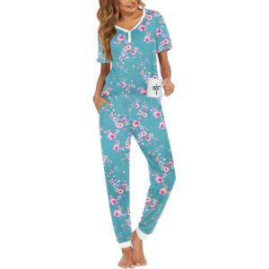 imageEkouaer Pajamas Set Womens 2 Piece Lounge Set Short Sleeve Pjs Joggers Pants Sleepwear with PocketsLight Blue Flower