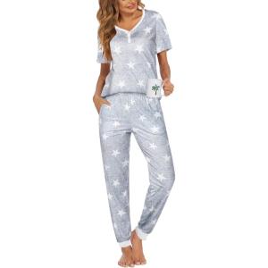 imageEkouaer Pajamas Set Womens 2 Piece Lounge Set Short Sleeve Pjs Joggers Pants Sleepwear with PocketsLight Gray Star