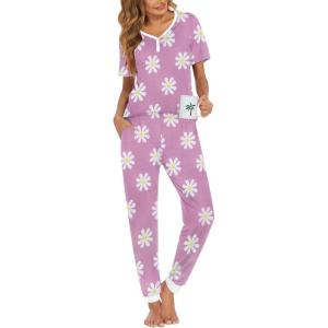 imageEkouaer Pajamas Set Womens 2 Piece Lounge Set Short Sleeve Pjs Joggers Pants Sleepwear with PocketsLight Purple Flower