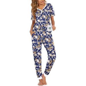imageEkouaer Pajamas Set Womens 2 Piece Lounge Set Short Sleeve Pjs Joggers Pants Sleepwear with PocketsNavy Blue Flower