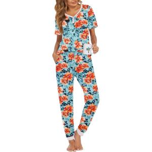 imageEkouaer Pajamas Set Womens 2 Piece Lounge Set Short Sleeve Pjs Joggers Pants Sleepwear with PocketsOrange Flower
