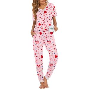 imageEkouaer Pajamas Set Womens 2 Piece Lounge Set Short Sleeve Pjs Joggers Pants Sleepwear with PocketsPinklove