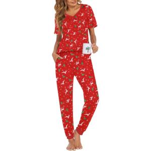 imageEkouaer Pajamas Set Womens 2 Piece Lounge Set Short Sleeve Pjs Joggers Pants Sleepwear with PocketsRed Deer Christmas
