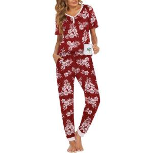imageEkouaer Pajamas Set Womens 2 Piece Lounge Set Short Sleeve Pjs Joggers Pants Sleepwear with PocketsRedflower