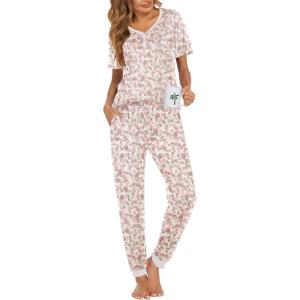 imageEkouaer Pajamas Set Womens 2 Piece Lounge Set Short Sleeve Pjs Joggers Pants Sleepwear with PocketsWhite Apricot Cashew