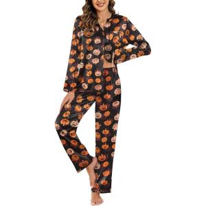 imageEkouaer Silk Satin Pajamas Set Womens 2 Piece Pjs Long Pant Fall Soft Sleepwear Button Up Loungewear with PocketsBlackhalloween