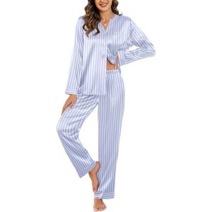 imageEkouaer Silk Satin Pajamas Set Womens 2 Piece Pjs Long Pant Fall Soft Sleepwear Button Up Loungewear with PocketsBlue Stripes