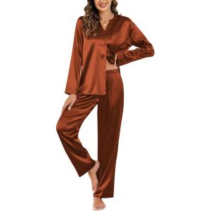 imageEkouaer Silk Satin Pajamas Set Womens 2 Piece Pjs Long Pant Fall Soft Sleepwear Button Up Loungewear with PocketsCaramel