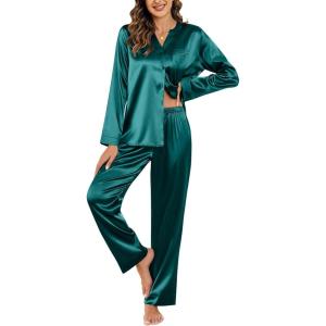 imageEkouaer Silk Satin Pajamas Set Womens 2 Piece Pjs Long Pant Fall Soft Sleepwear Button Up Loungewear with PocketsGreen