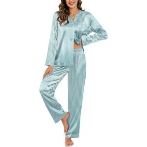 imageEkouaer Silk Satin Pajamas Set Womens 2 Piece Pjs Long Pant Fall Soft Sleepwear Button Up Loungewear with PocketsGreen Striped