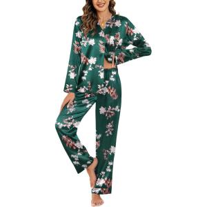 imageEkouaer Silk Satin Pajamas Set Womens 2 Piece Pjs Long Pant Fall Soft Sleepwear Button Up Loungewear with PocketsGreenflower