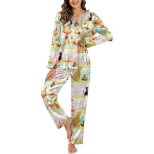 imageEkouaer Silk Satin Pajamas Set Womens 2 Piece Pjs Long Pant Fall Soft Sleepwear Button Up Loungewear with PocketsGreenstripes Animal