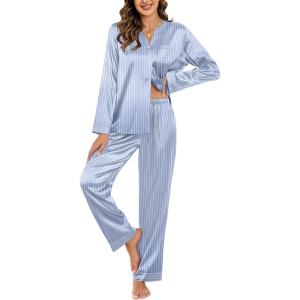 imageEkouaer Silk Satin Pajamas Set Womens 2 Piece Pjs Long Pant Fall Soft Sleepwear Button Up Loungewear with PocketsGrey Blue Striped