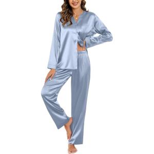 imageEkouaer Silk Satin Pajamas Set Womens 2 Piece Pjs Long Pant Fall Soft Sleepwear Button Up Loungewear with PocketsLight Blue