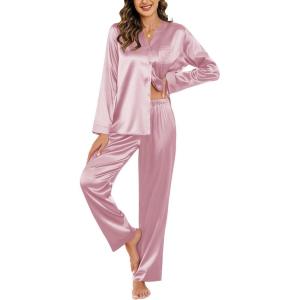 imageEkouaer Silk Satin Pajamas Set Womens 2 Piece Pjs Long Pant Fall Soft Sleepwear Button Up Loungewear with PocketsPink