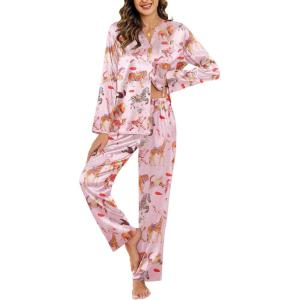 imageEkouaer Silk Satin Pajamas Set Womens 2 Piece Pjs Long Pant Fall Soft Sleepwear Button Up Loungewear with PocketsPink Animal Art
