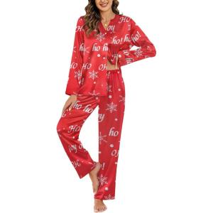 imageEkouaer Silk Satin Pajamas Set Womens 2 Piece Pjs Long Pant Fall Soft Sleepwear Button Up Loungewear with PocketsRedchristmas