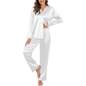 imageEkouaer Silk Satin Pajamas Set Womens 2 Piece Pjs Long Pant Fall Soft Sleepwear Button Up Loungewear with PocketsWhite
