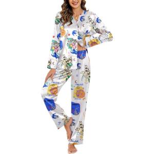 imageEkouaer Silk Satin Pajamas Set Womens 2 Piece Pjs Long Pant Fall Soft Sleepwear Button Up Loungewear with PocketsWhite Abstract Doodle