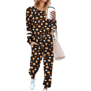 imageEkouaer Sweatsuits Womens Loungewear Set Tracksuit Long Sleeve Pajamas Set with Pockets 2 Piece Outfits Lounge SetsHalloween Pumpkin