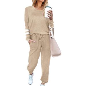 imageEkouaer Sweatsuits Womens Loungewear Set Tracksuit Long Sleeve Pajamas Set with Pockets 2 Piece Outfits Lounge SetsKhaki2